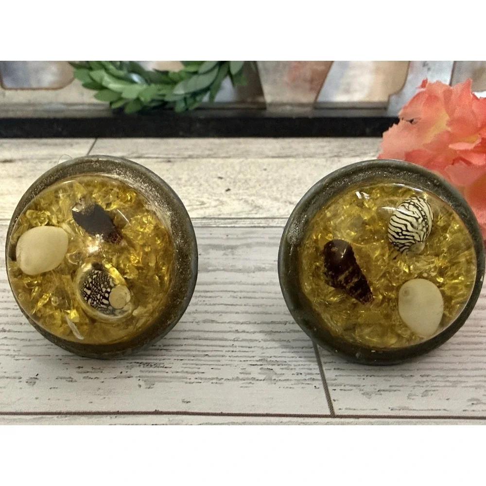 Set of 2 Vintage Resin Drawer Pulls w Suspended Shells Drawer Pull Cabinet Knobs